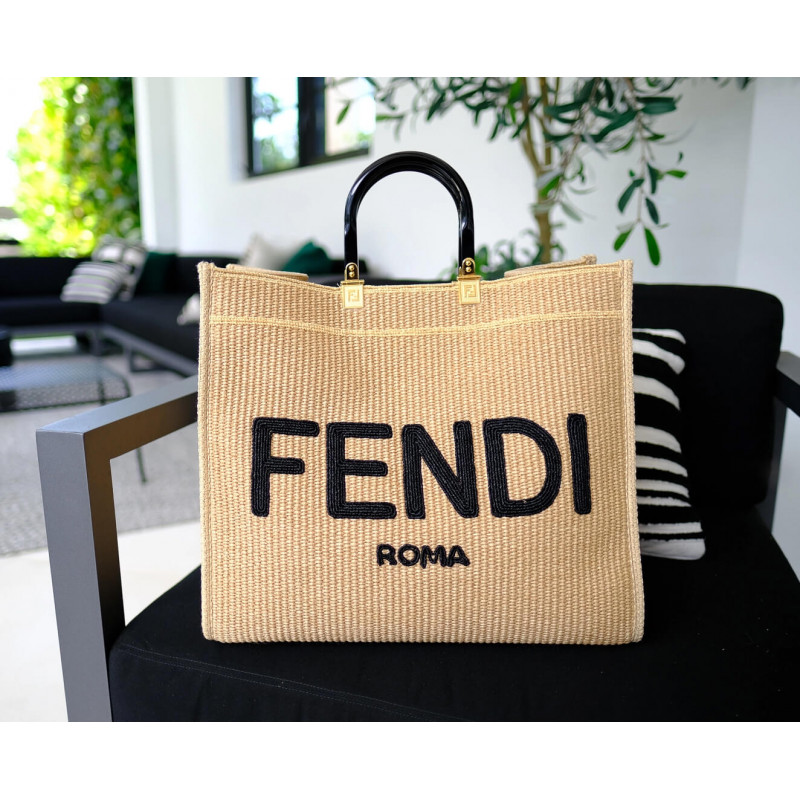 fendi sunshine shopper woven raffia tote